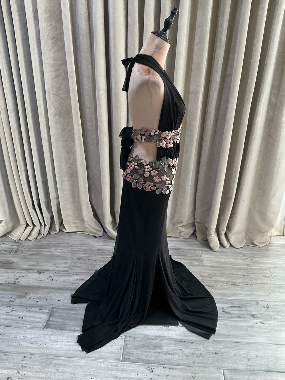Black Halter Evening Gown with Pink Floral Embroidery - Picture 6 of 15